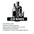 Bourbon bar metal sign shown with a bottle-and-whiskey-glass design in a product feature presentation