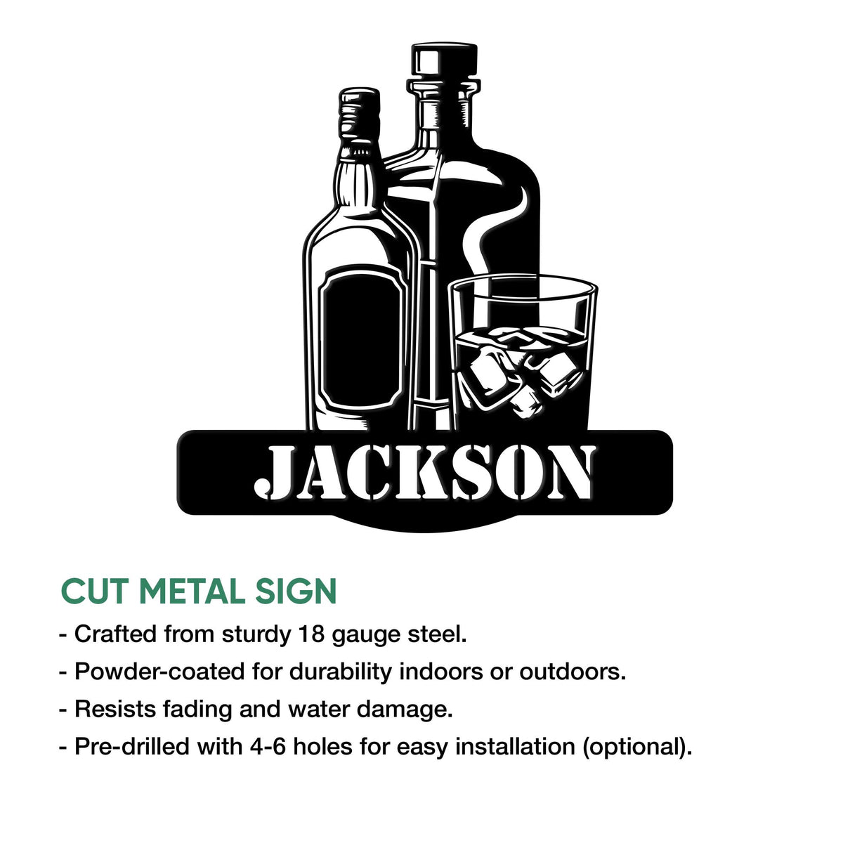 Bourbon bar metal sign shown with a bottle-and-whiskey-glass design in a product feature presentation