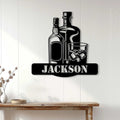 Bourbon metal sign displayed on a white paneled wall above a rustic console for home bar decor