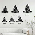 Bourbon bottle and whiskey glass metal sign shown in multiple size options on a home interior wall