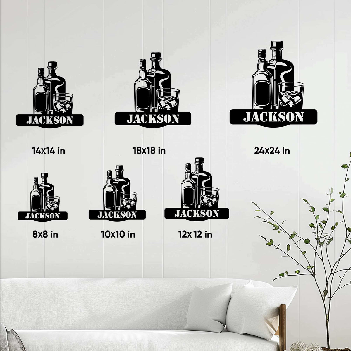 Bourbon bottle and whiskey glass metal sign shown in multiple size options on a home interior wall