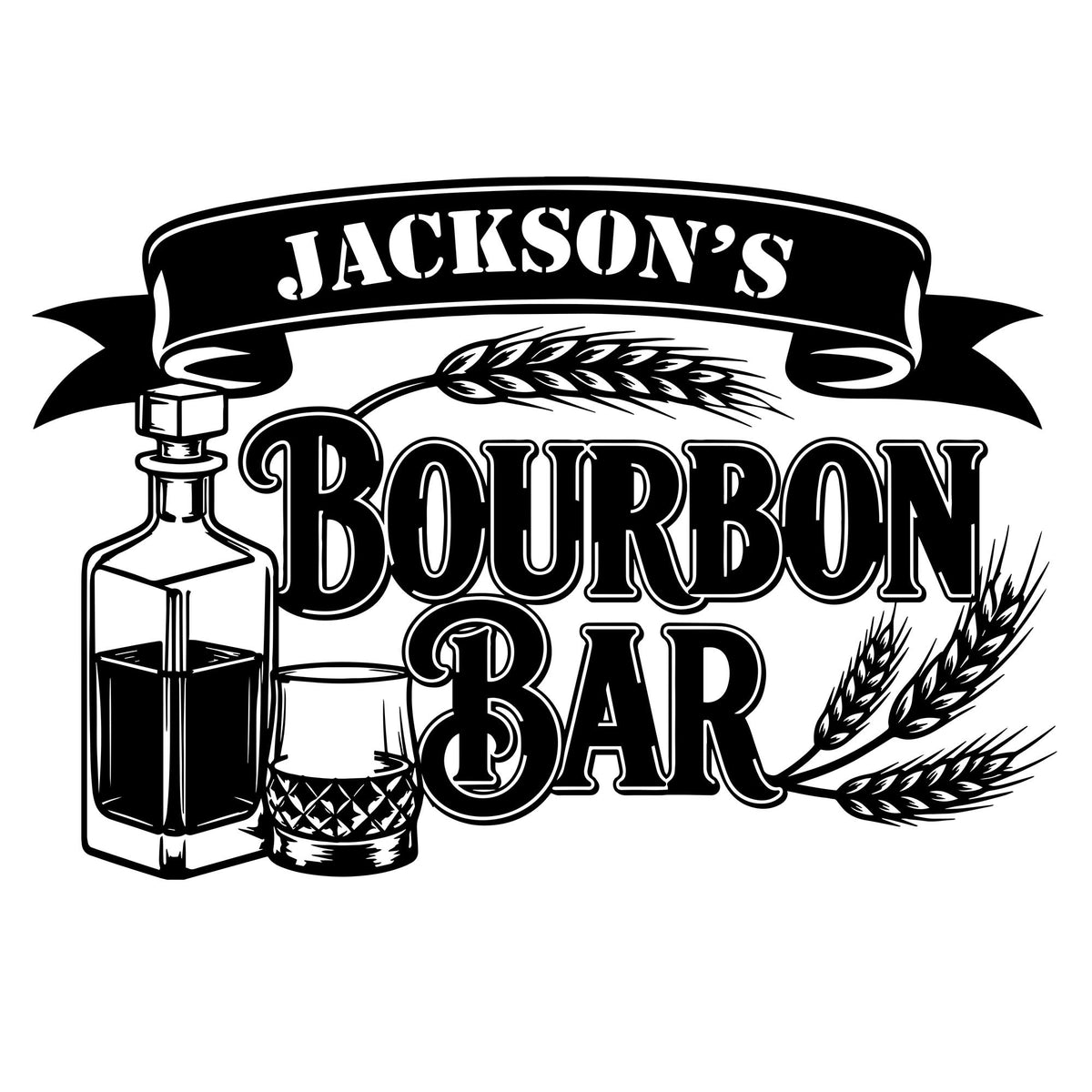 Custom bourbon bar metal sign featuring a whiskey bottle, tumbler, wheat stalks, and decorative banner