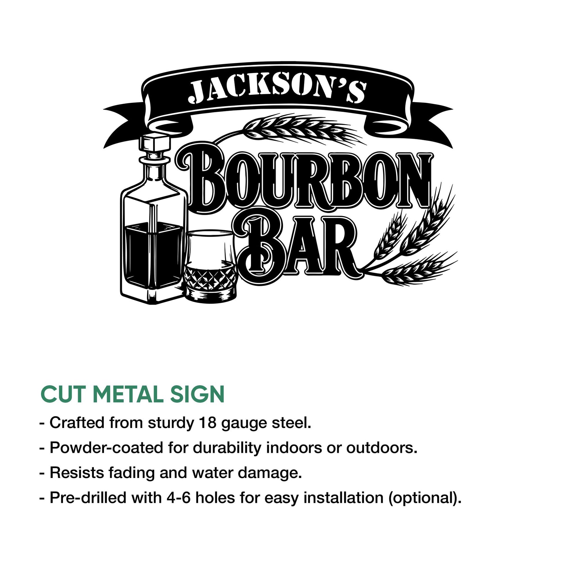 Bourbon bar cut metal sign artwork shown with product feature details and installation information