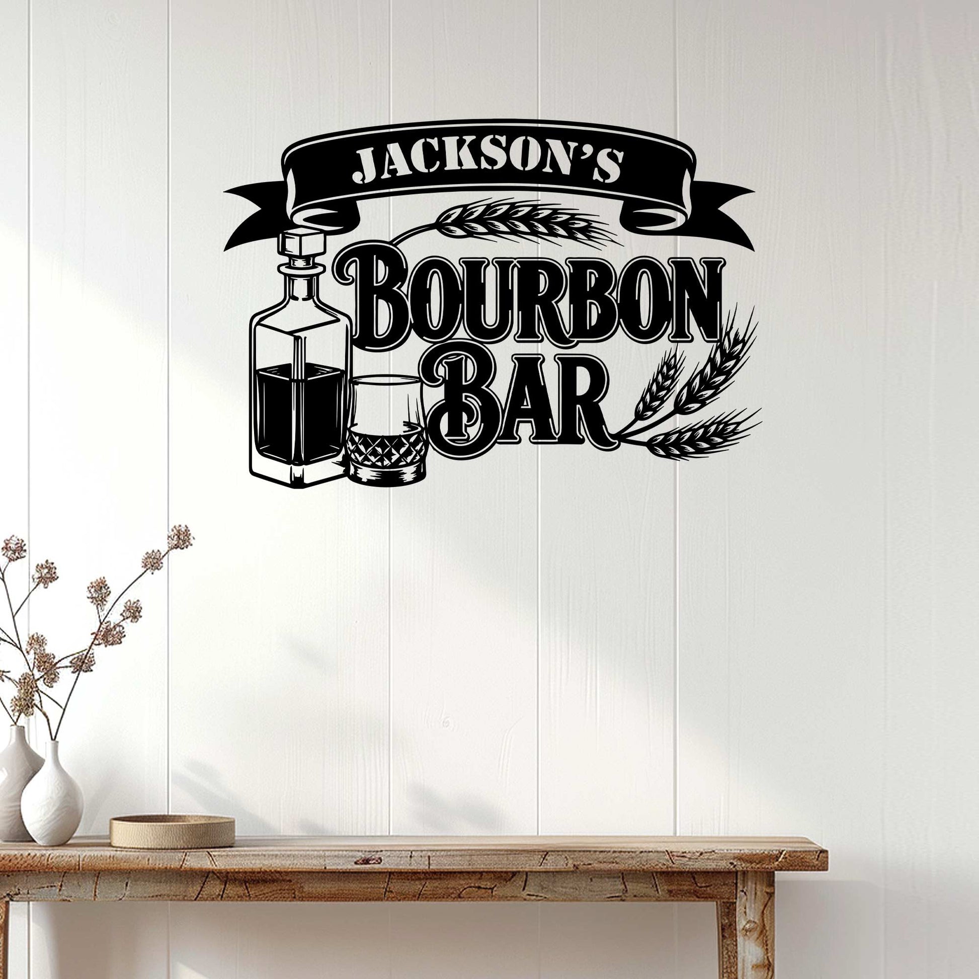 Bourbon bar metal sign displayed as home bar wall decor above a wood console table