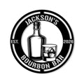 Bourbon bar metal sign featuring a whiskey bottle, tumbler with ice, and circular home bar design