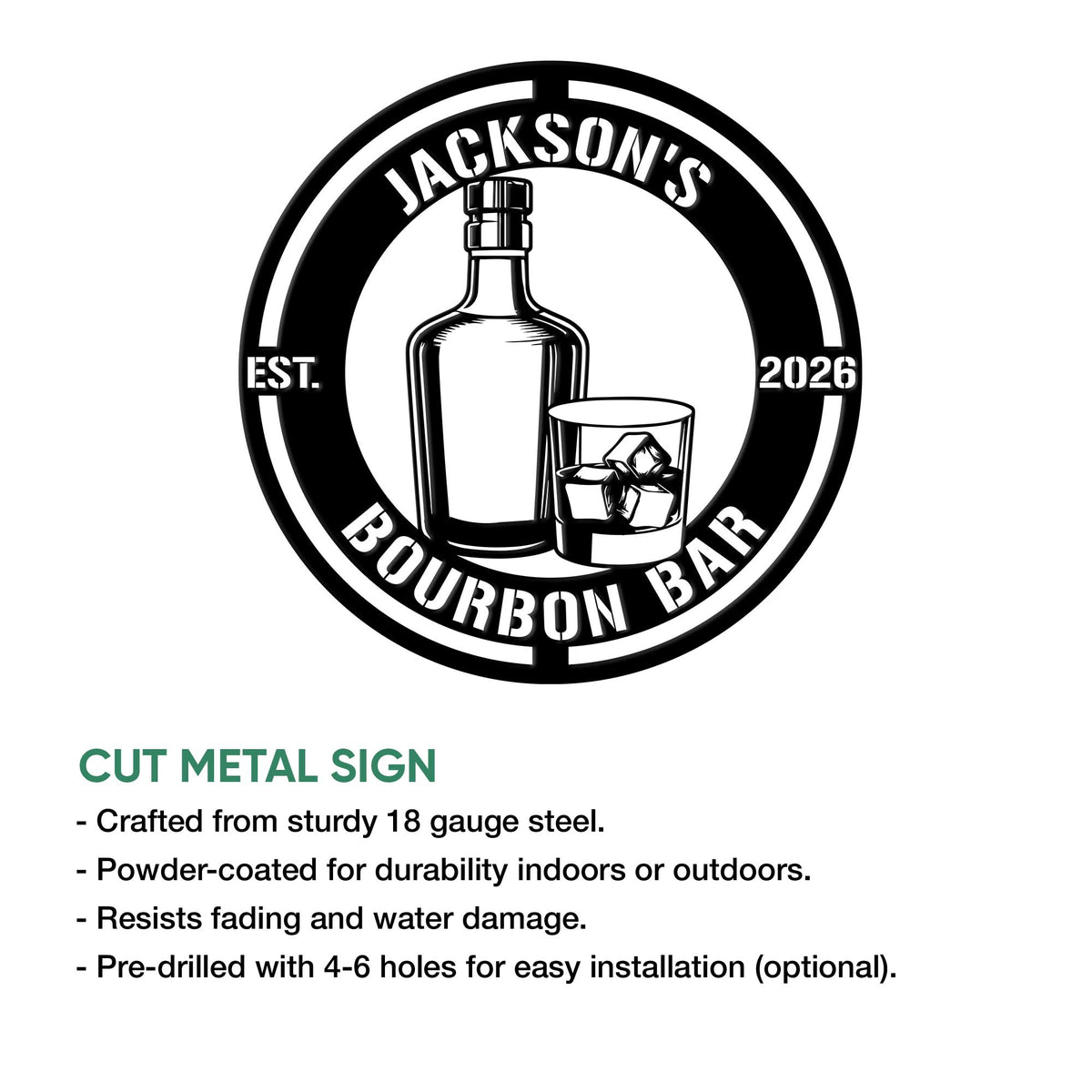 Bourbon metal sign feature graphic showing the circular bottle and whiskey glass artwork