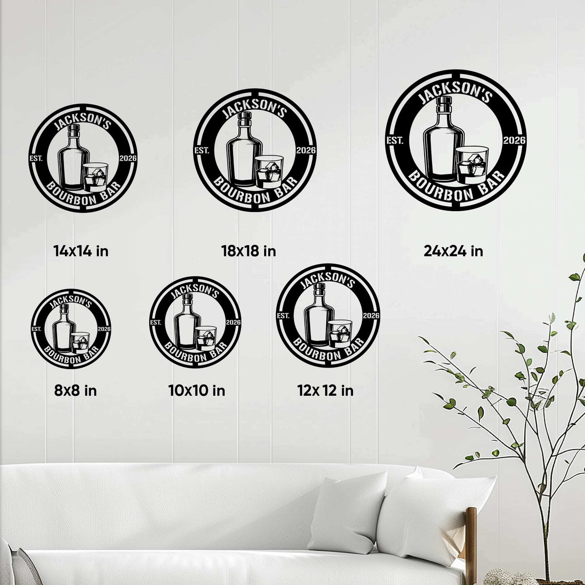 Bourbon bar sign size guide showing six circular size options in a home interior