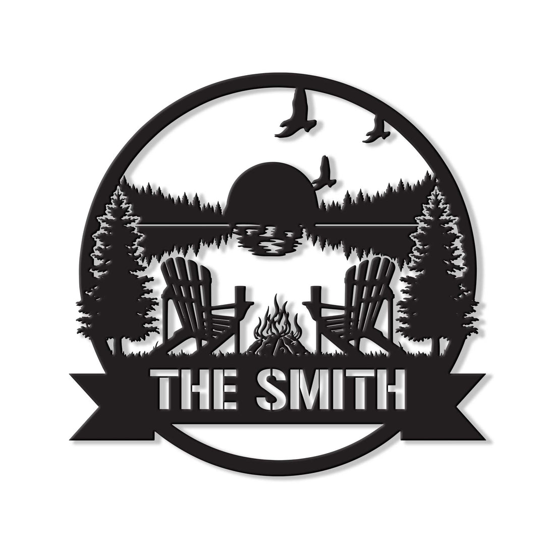 Custom lake house metal sign with a peaceful lake, pine trees, Adirondack chairs, campfire, and flying birds