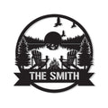 Custom lake house metal sign with a peaceful lake, pine trees, Adirondack chairs, campfire, and flying birds