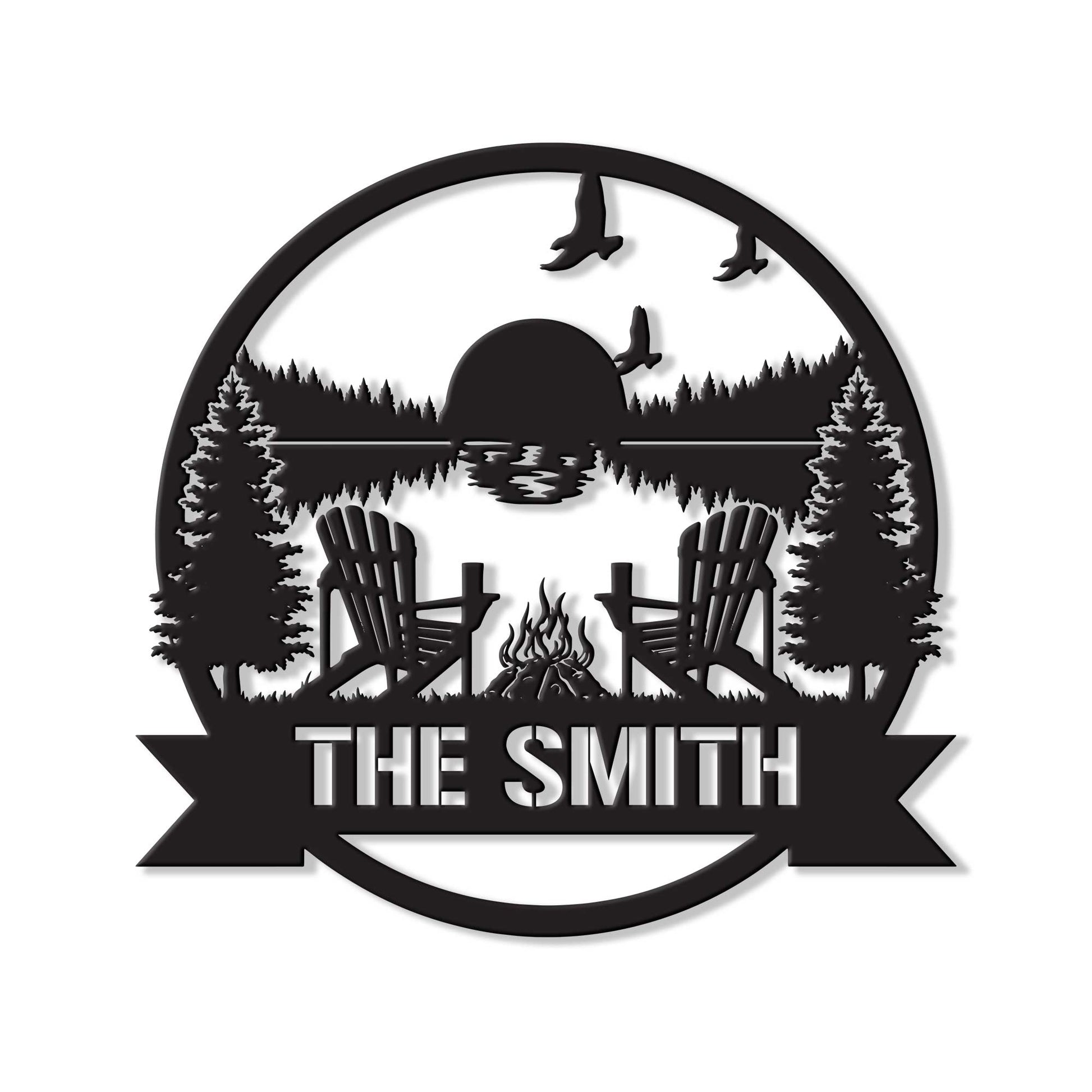 Custom lake house metal sign with a peaceful lake, pine trees, Adirondack chairs, campfire, and flying birds