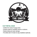 Lake house metal sign artwork shown with cut metal sign features and installation options