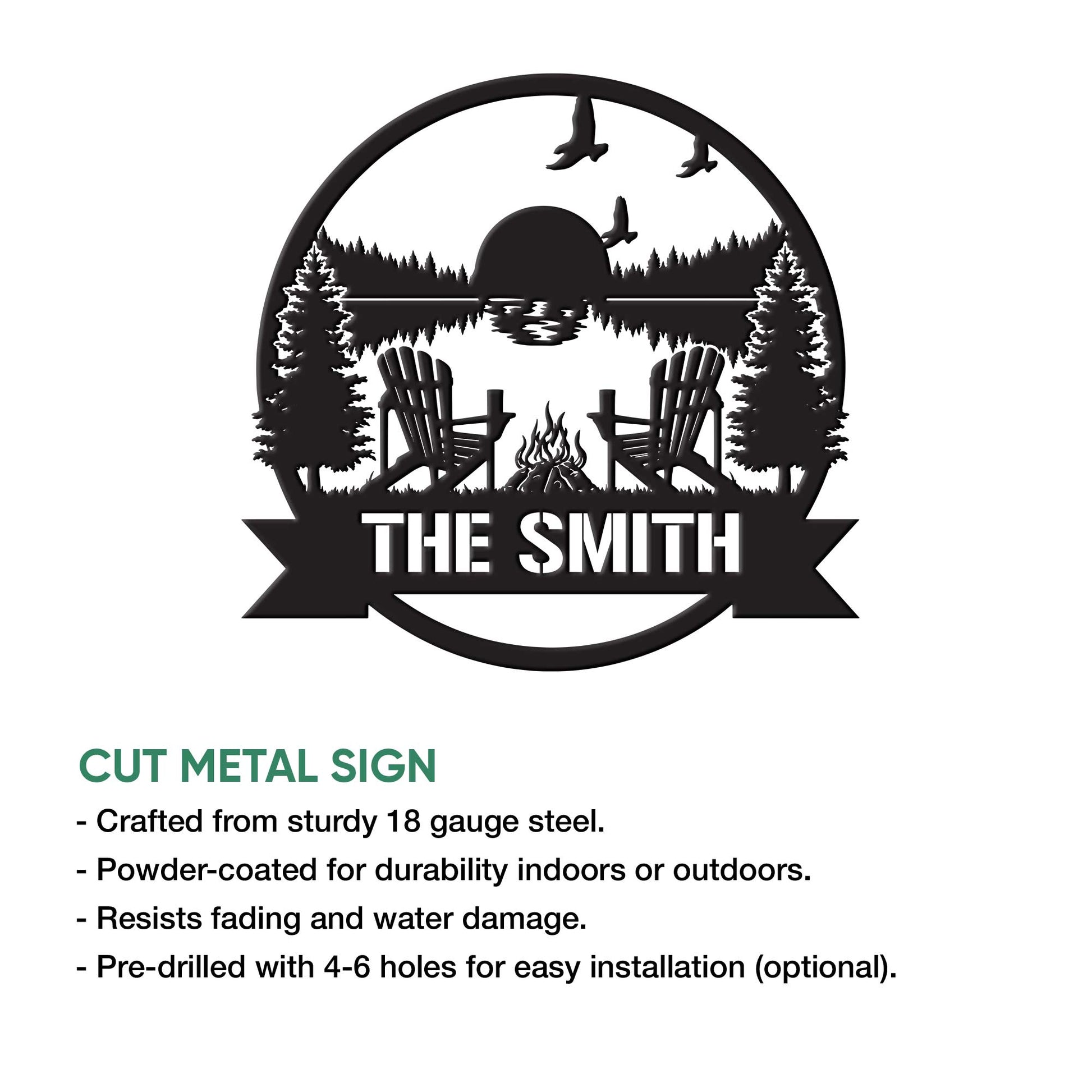 Lake house metal sign artwork shown with cut metal sign features and installation options