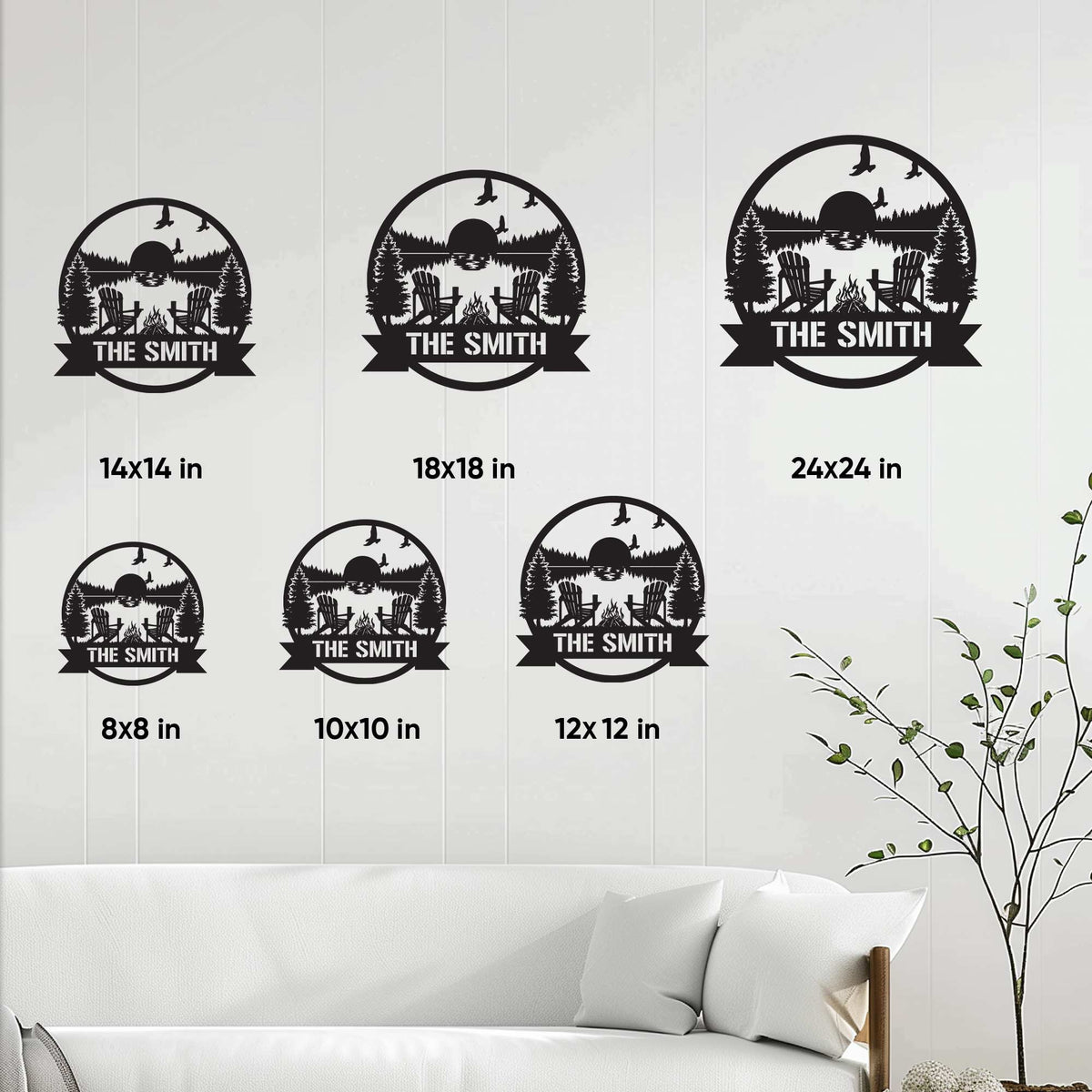 Lake house metal sign size guide showing 8x8, 10x10, 12x12, 14x14, 18x18, and 24x24 inch options
