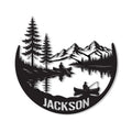 Lake house metal sign with a mountain lake, pine trees, canoeists, fishing scene, and reflective water silhouette