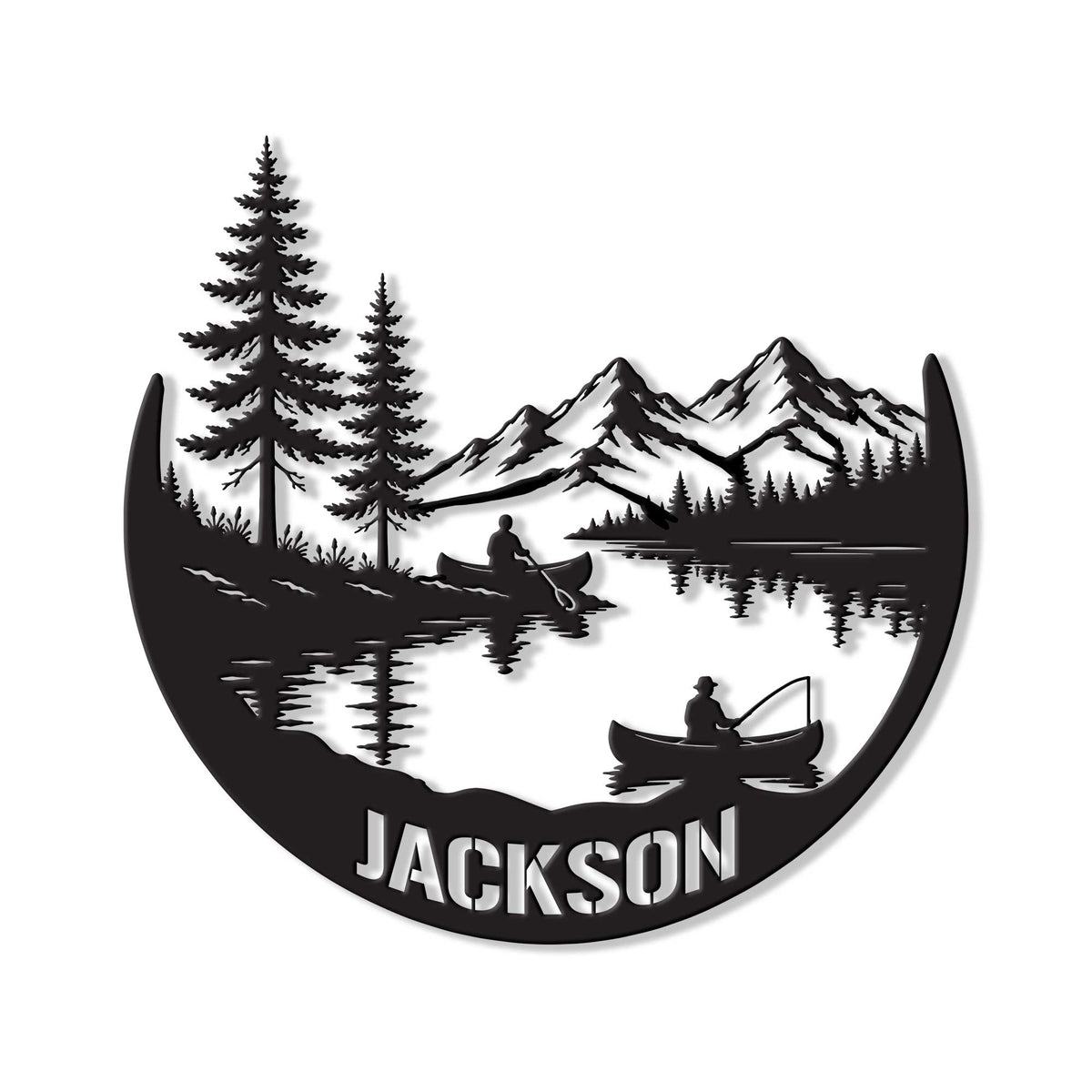 Lake house metal sign with a mountain lake, pine trees, canoeists, fishing scene, and reflective water silhouette