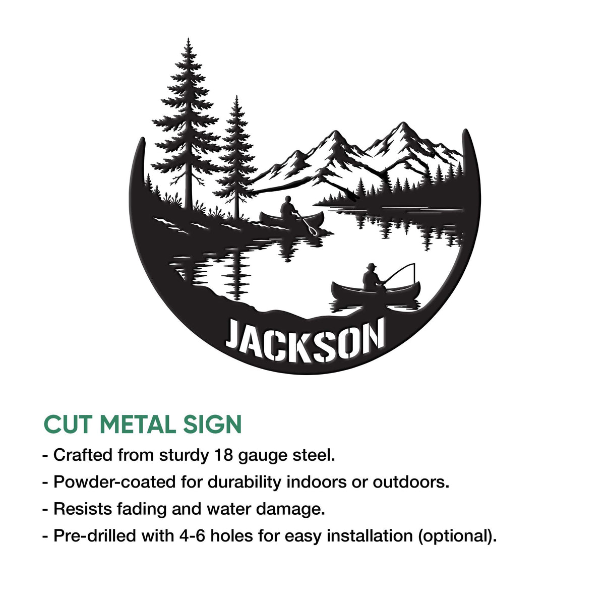 Lake house metal sign feature graphic showing a mountain lake design with pine trees, canoes, and fishing silhouettes