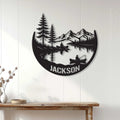 Lake house wall decor displayed on a light wood wall above a console table in a bright home interior