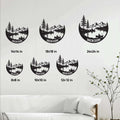 Lake house metal sign size guide showing multiple square size options in a staged living room setting