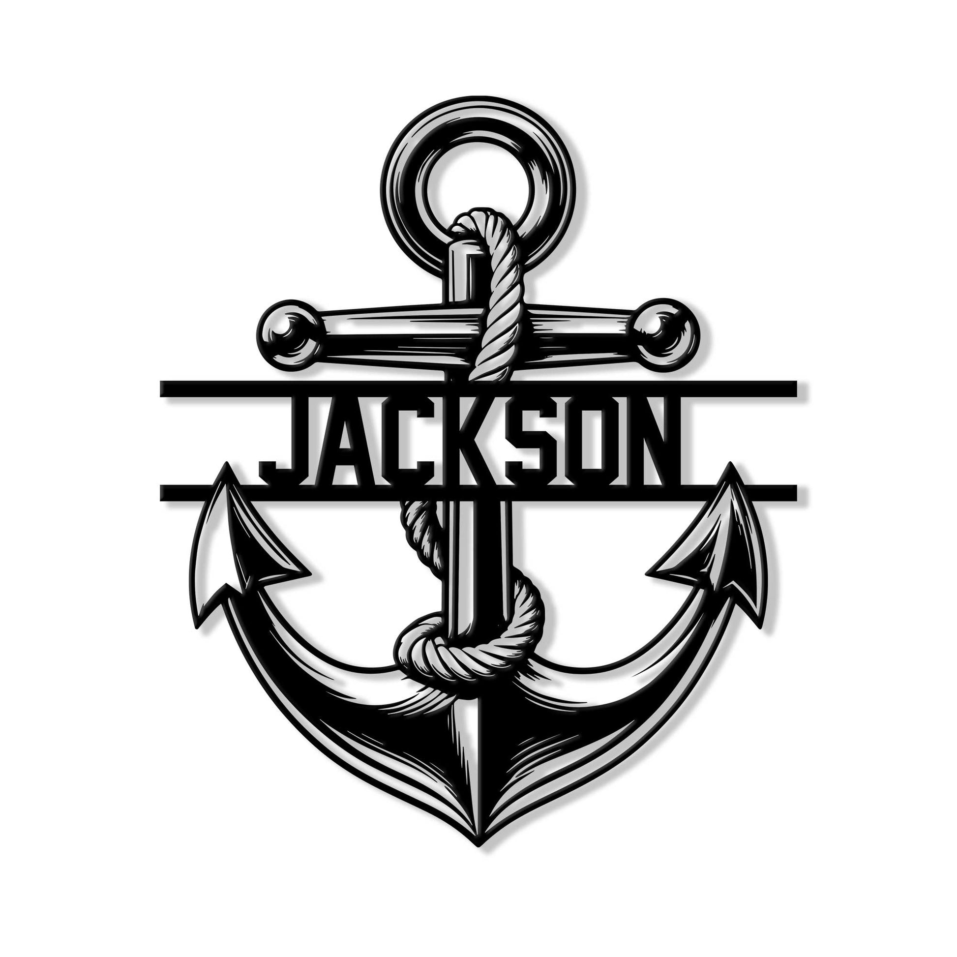 Black and white anchor metal sign with a bold rope-wrapped nautical design
