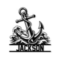 Black anchor metal sign with rope detail and ocean waves in a bold nautical design