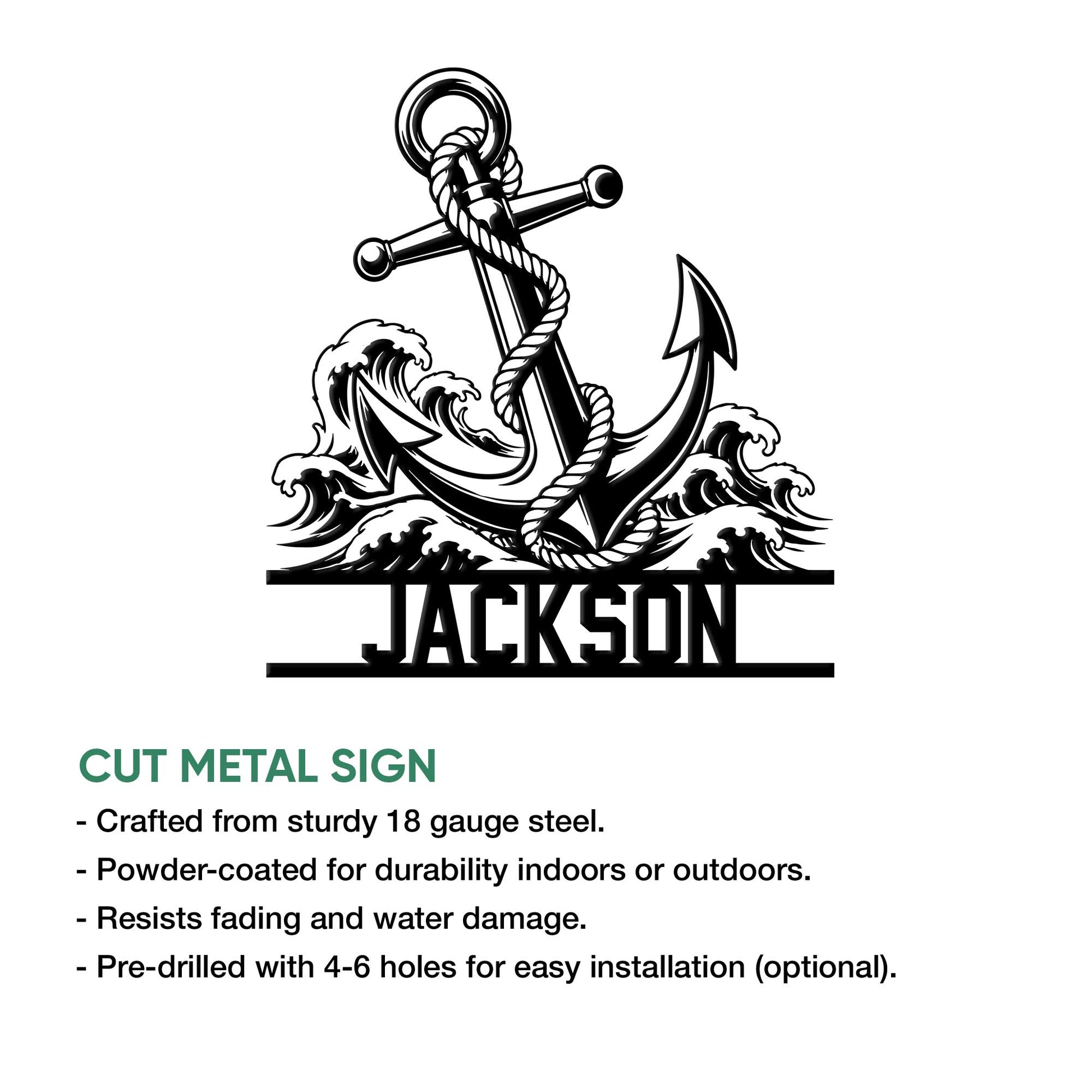Nautical anchor metal sign feature graphic showing the wave design and product presentation