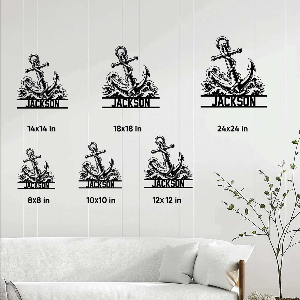Anchor metal sign size guide showing multiple square size options in a room setting