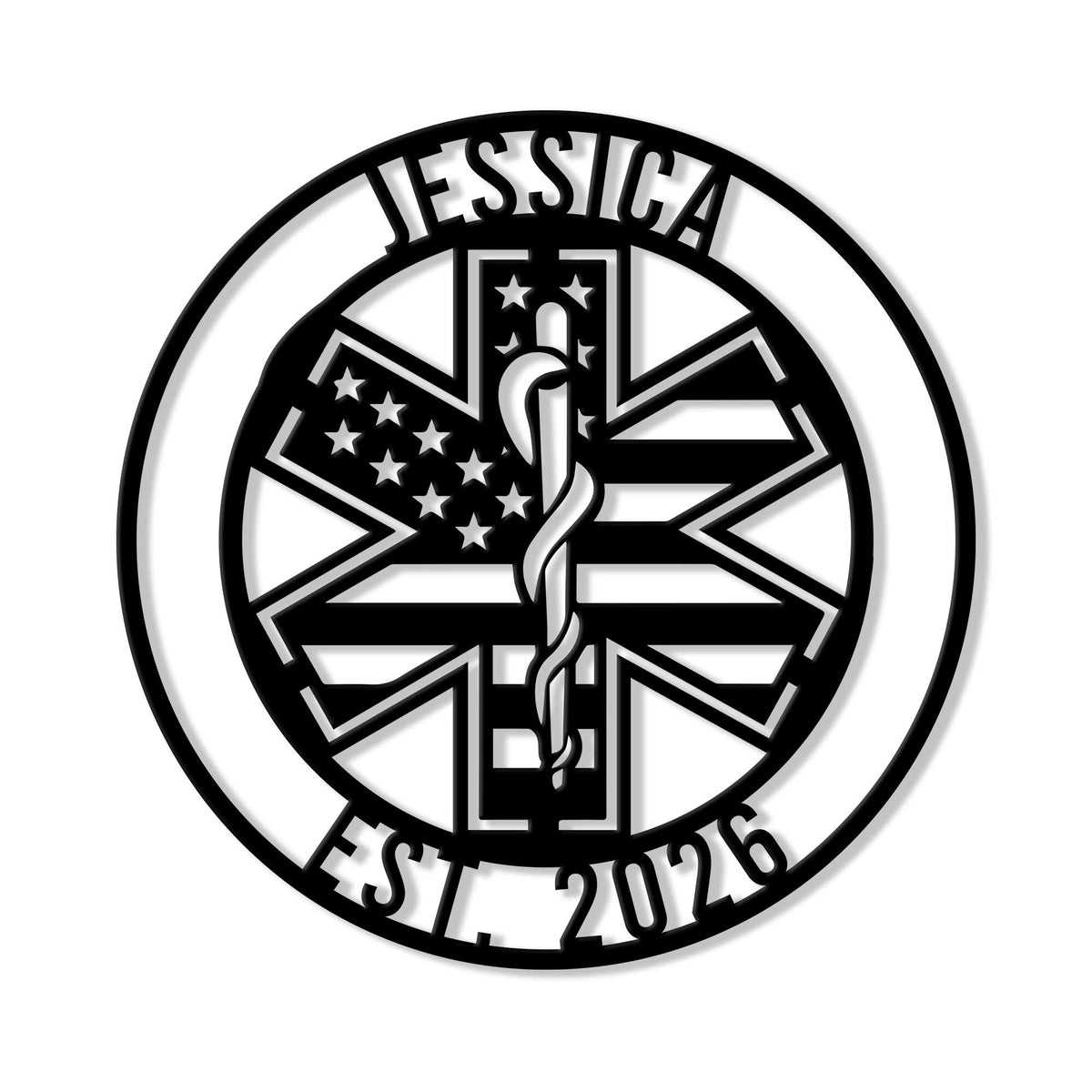Round custom paramedic metal sign featuring a Star of Life, emergency medical symbol, and flag-inspired design
