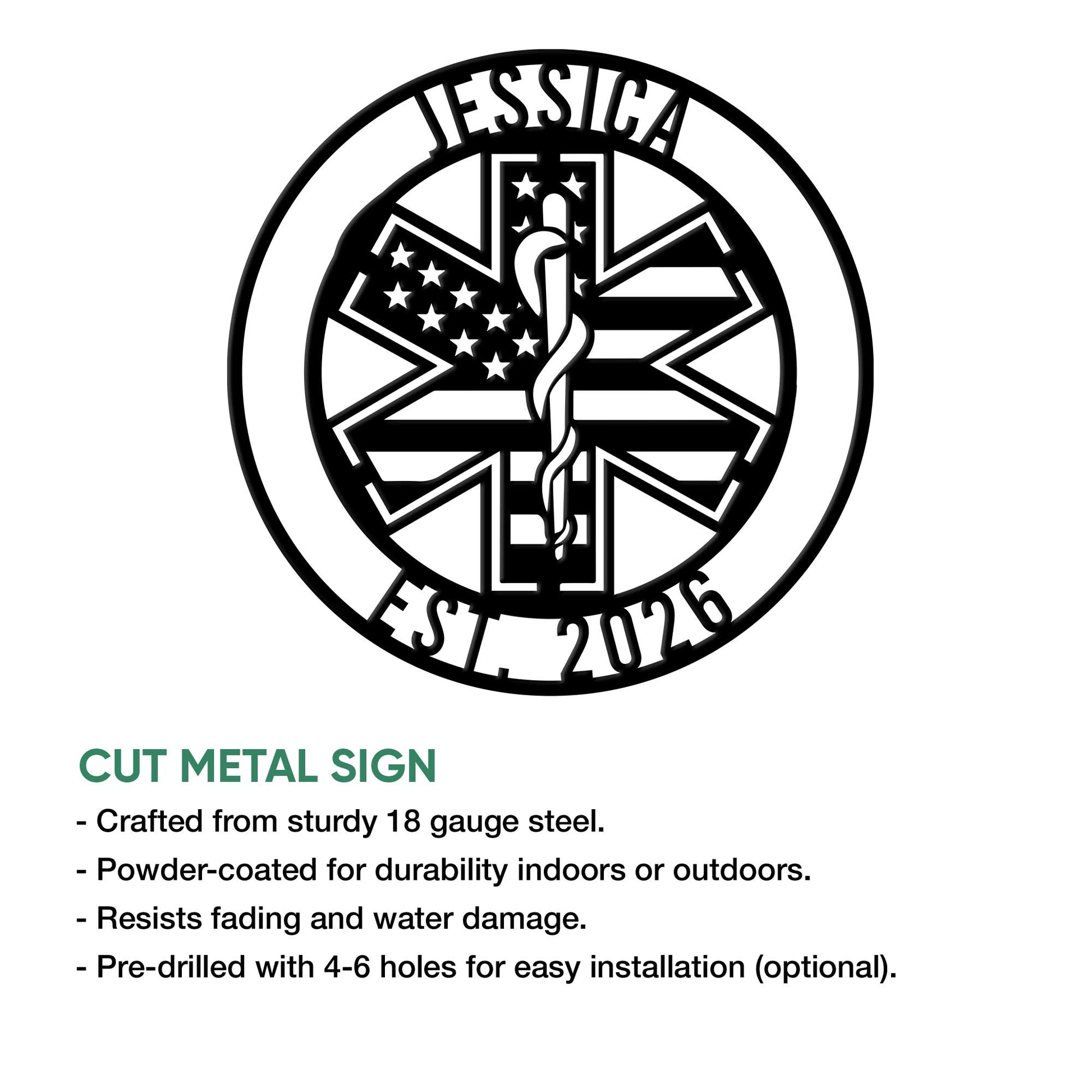 Paramedic Star of Life metal sign shown with cut-metal construction and indoor or outdoor display features