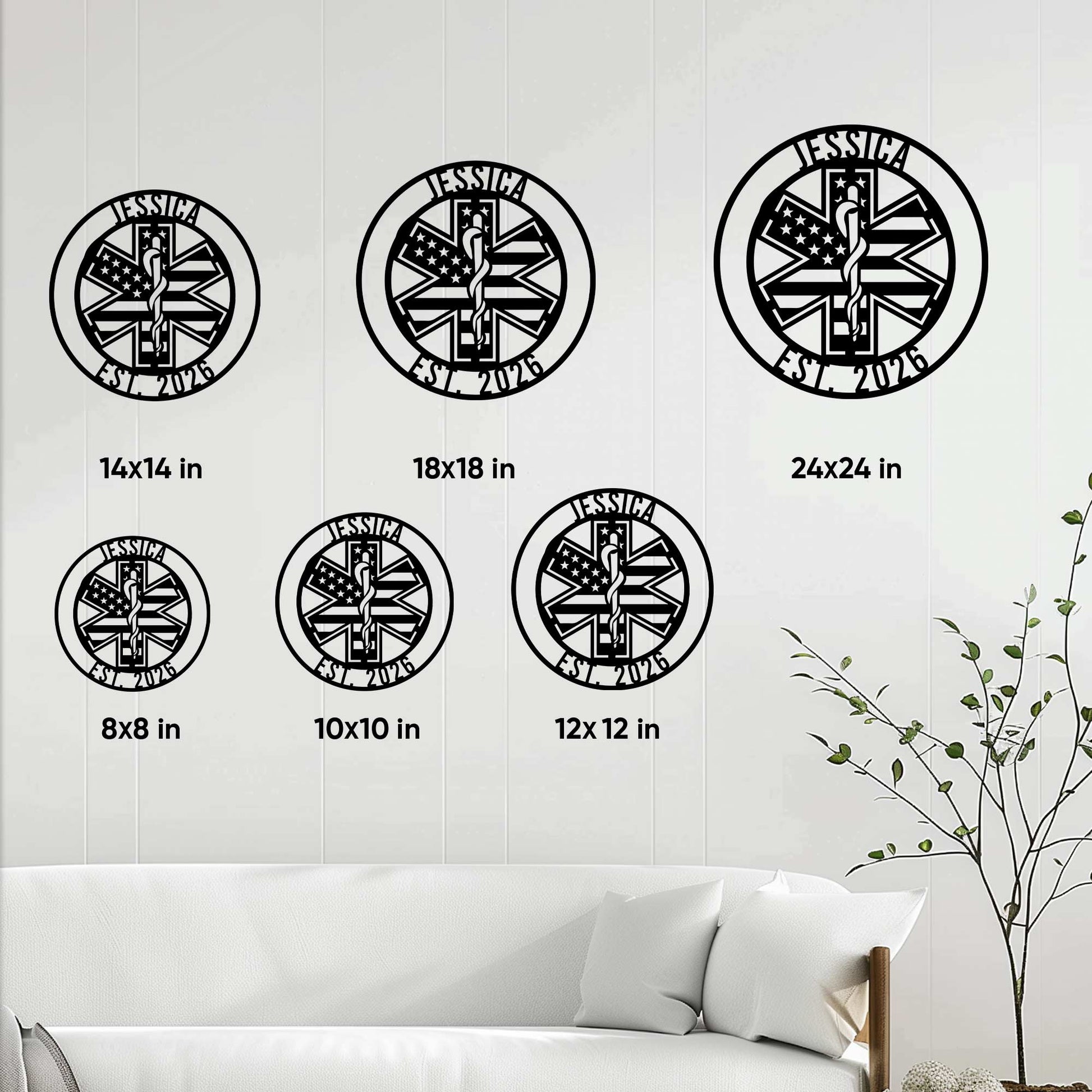 Paramedic metal sign size guide showing several round size options displayed on a paneled wall