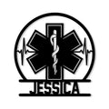 Black paramedic metal sign featuring a Star of Life, medical staff emblem, and ECG heartbeat lines