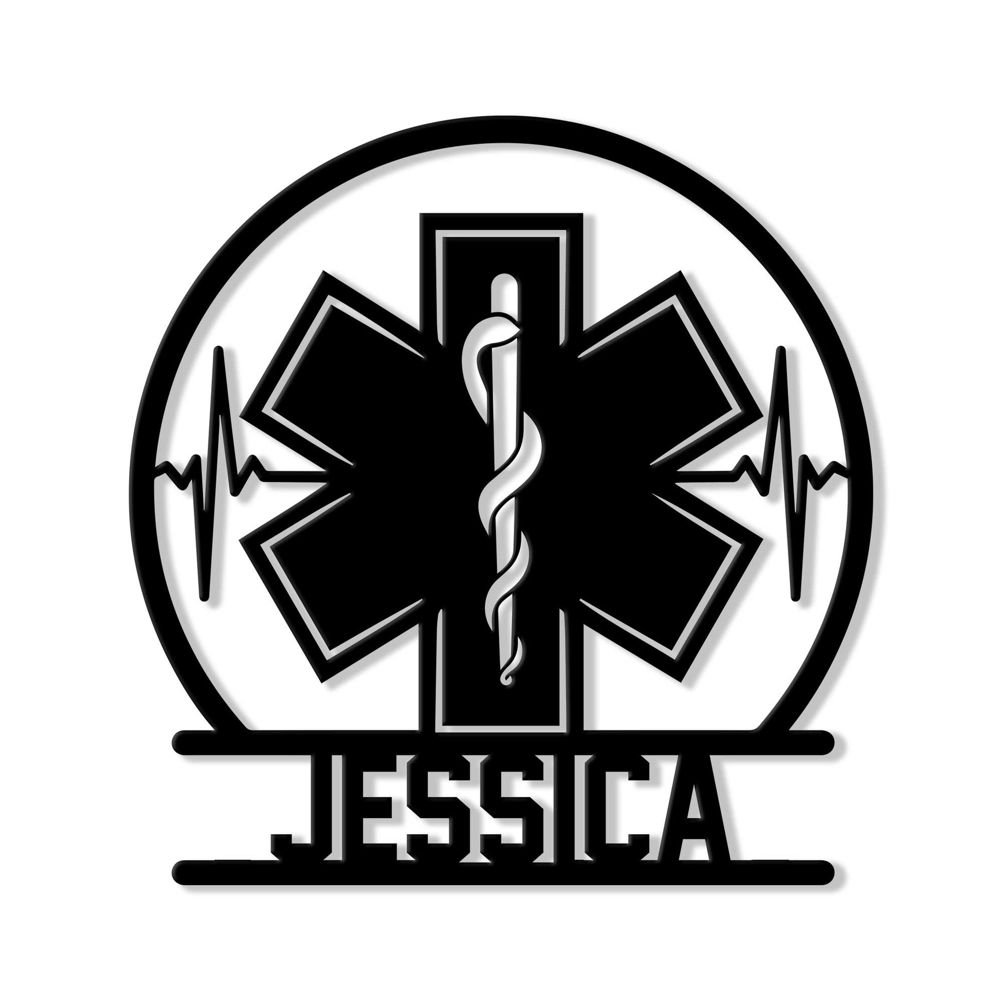 Black paramedic metal sign featuring a Star of Life, medical staff emblem, and ECG heartbeat lines