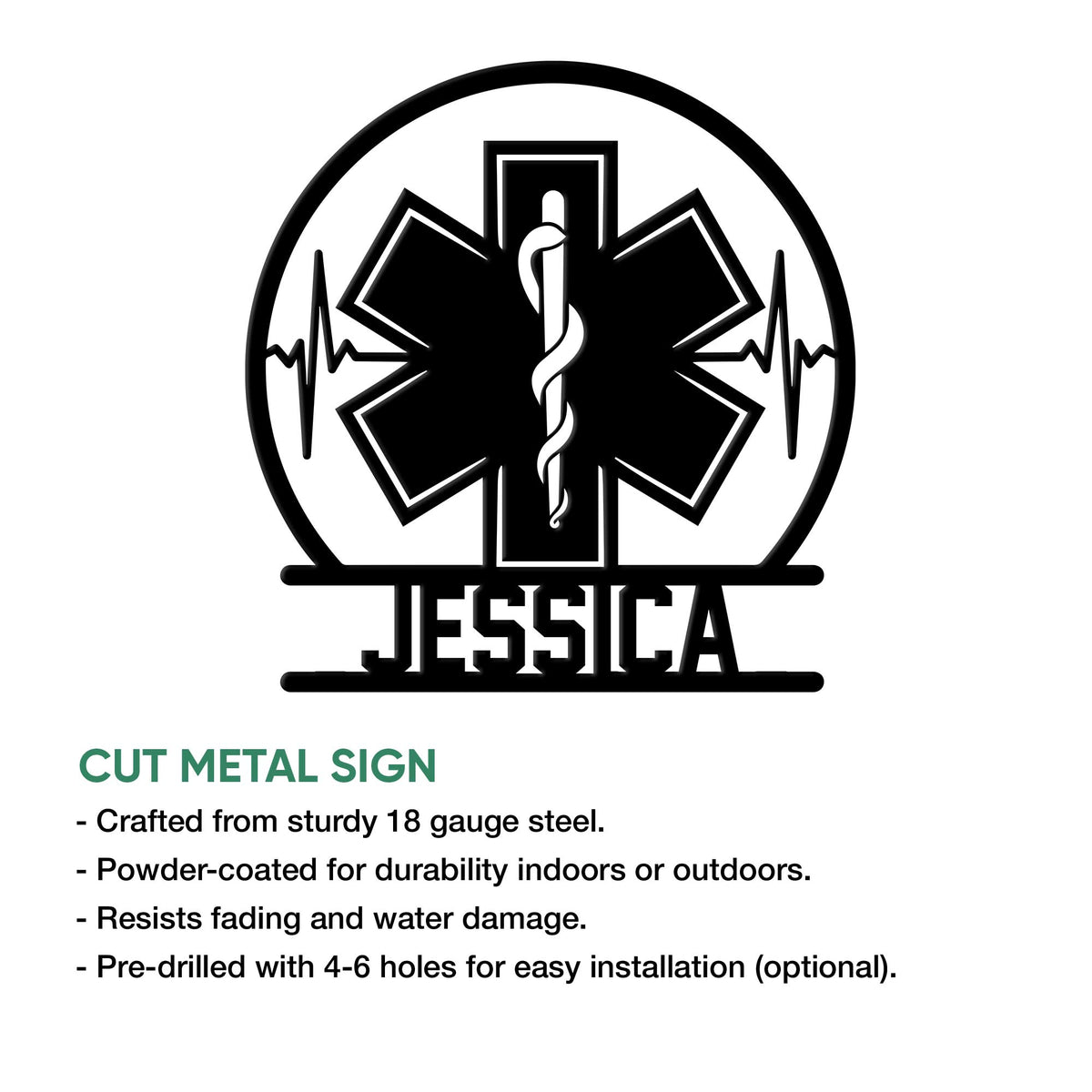 Paramedic cut metal sign with Star of Life artwork, ECG lines, and a custom design presentation