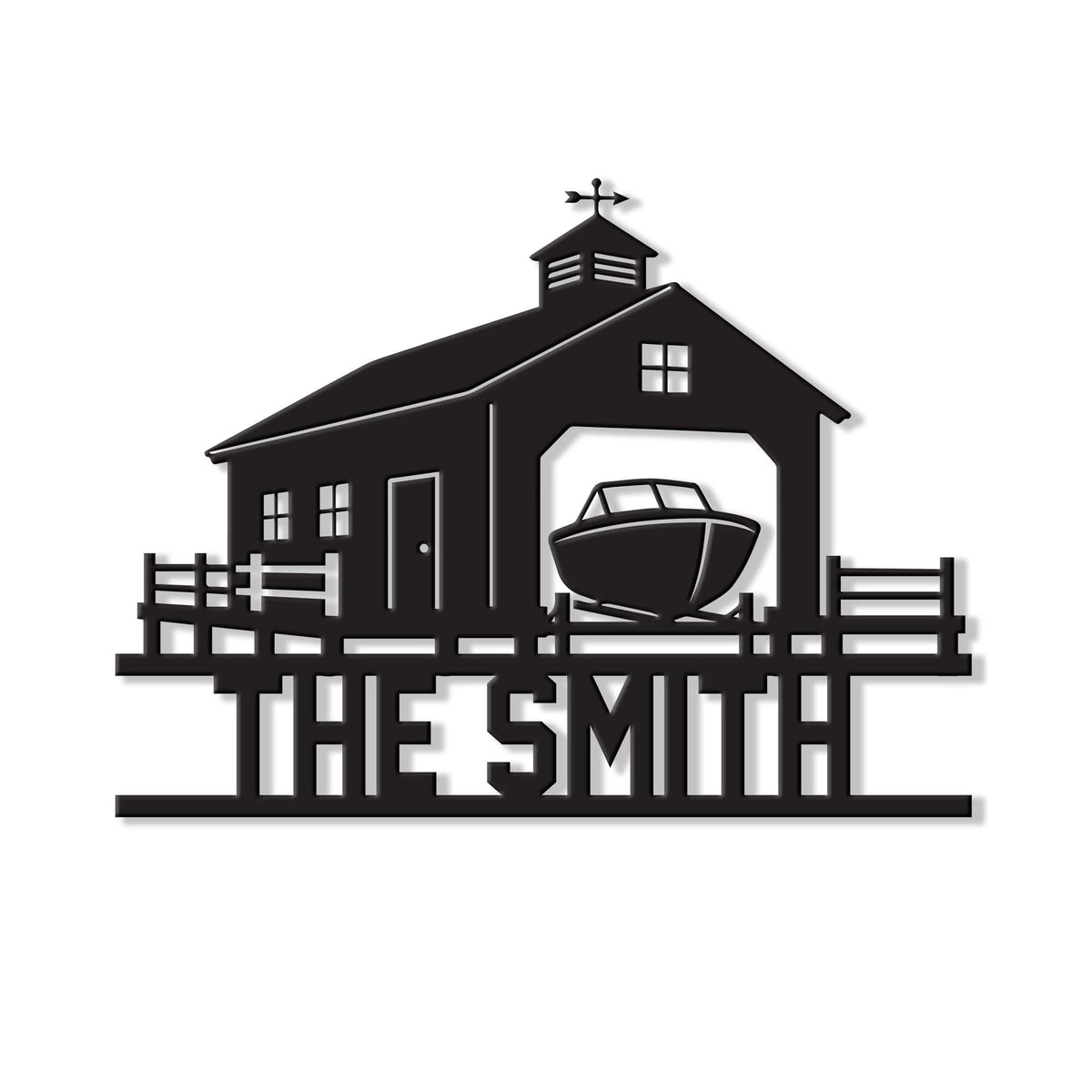 Custom boat house metal sign featuring a waterfront boathouse, dock, and motorboat silhouette