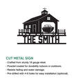Cut metal boat house sign shown with a detailed dock, boathouse, cupola, and motorboat design