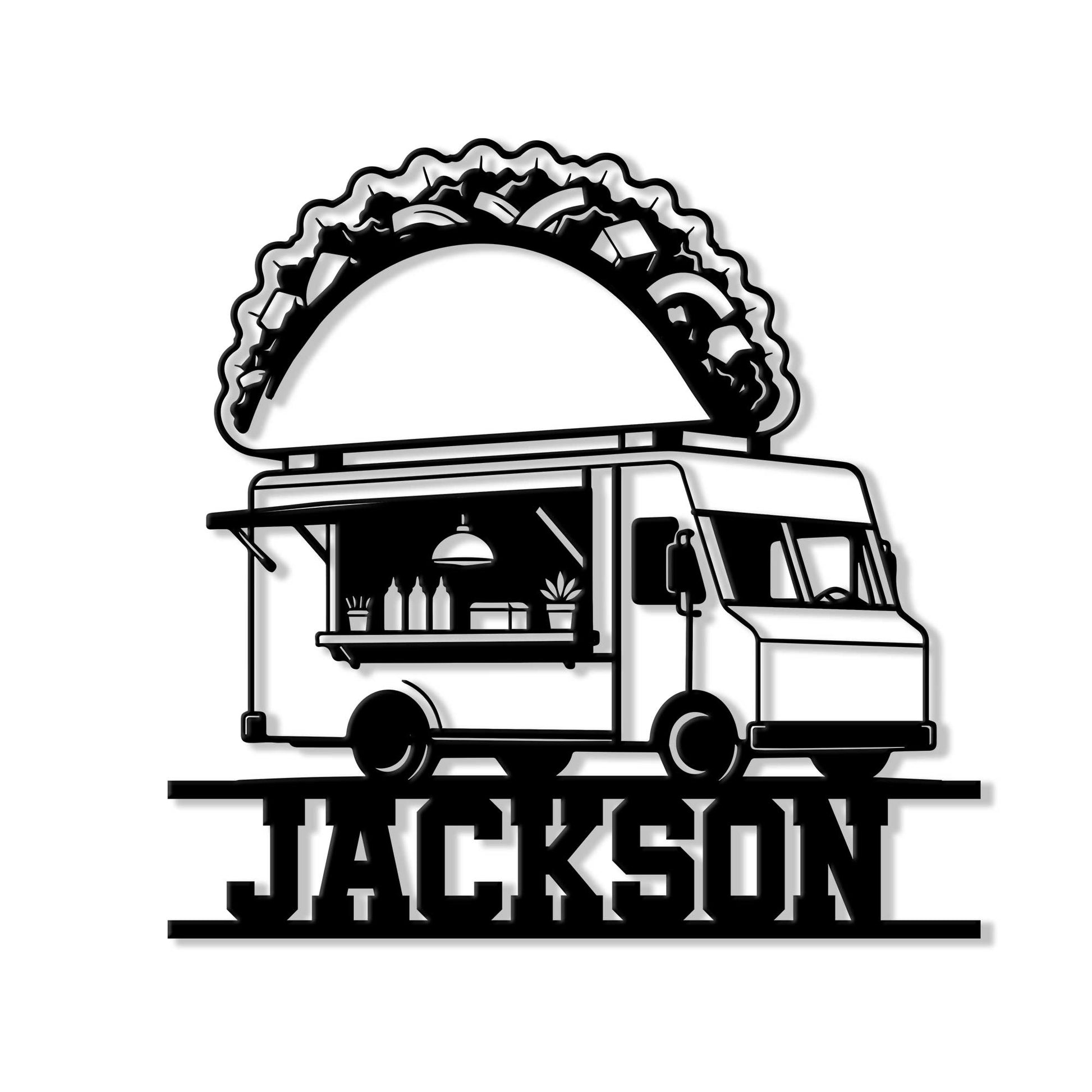 Custom taco food truck metal sign featuring a bold black-and-white street food truck topped with a large taco