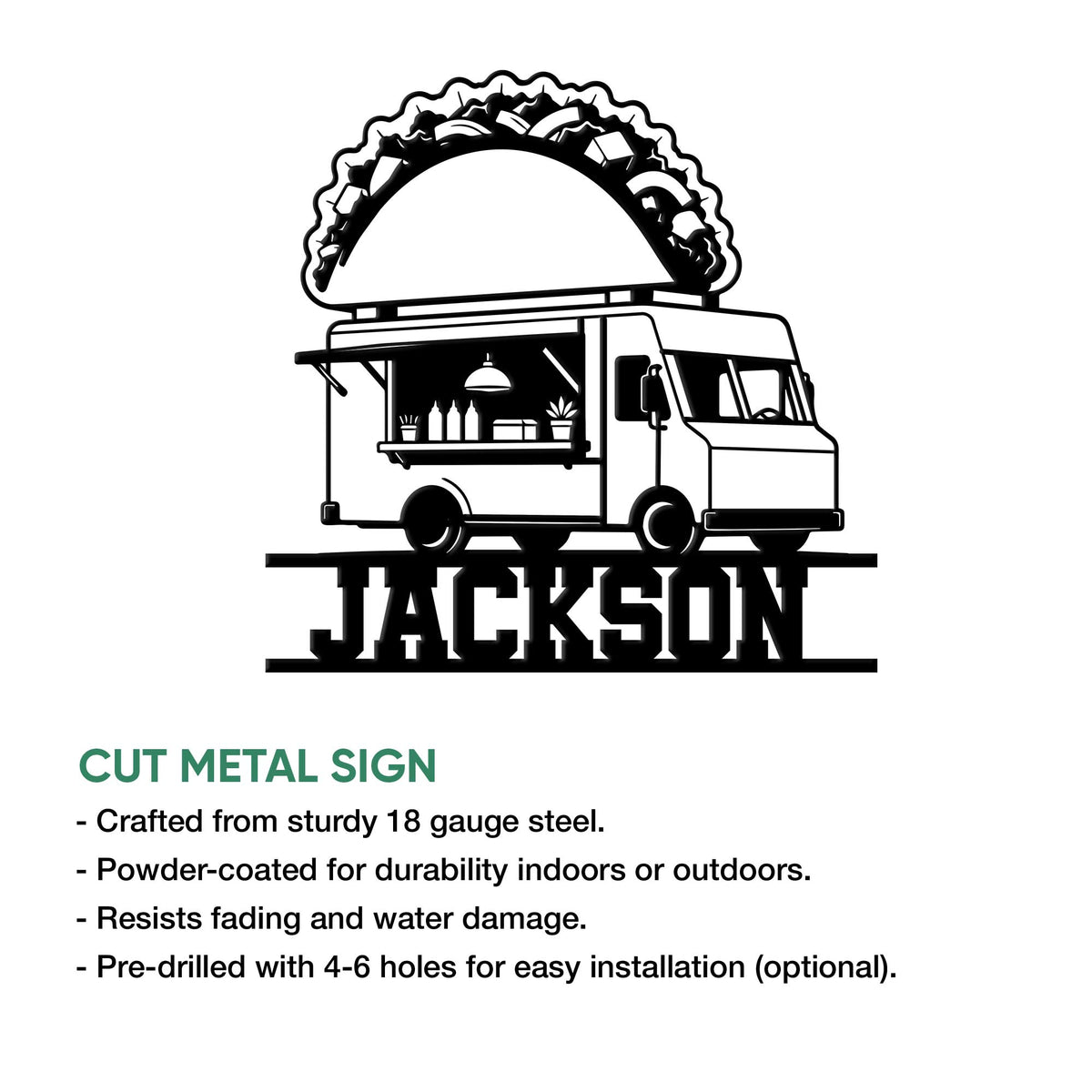 Taco food truck metal sign design shown with a cut-metal sign feature and indoor or outdoor display guidance