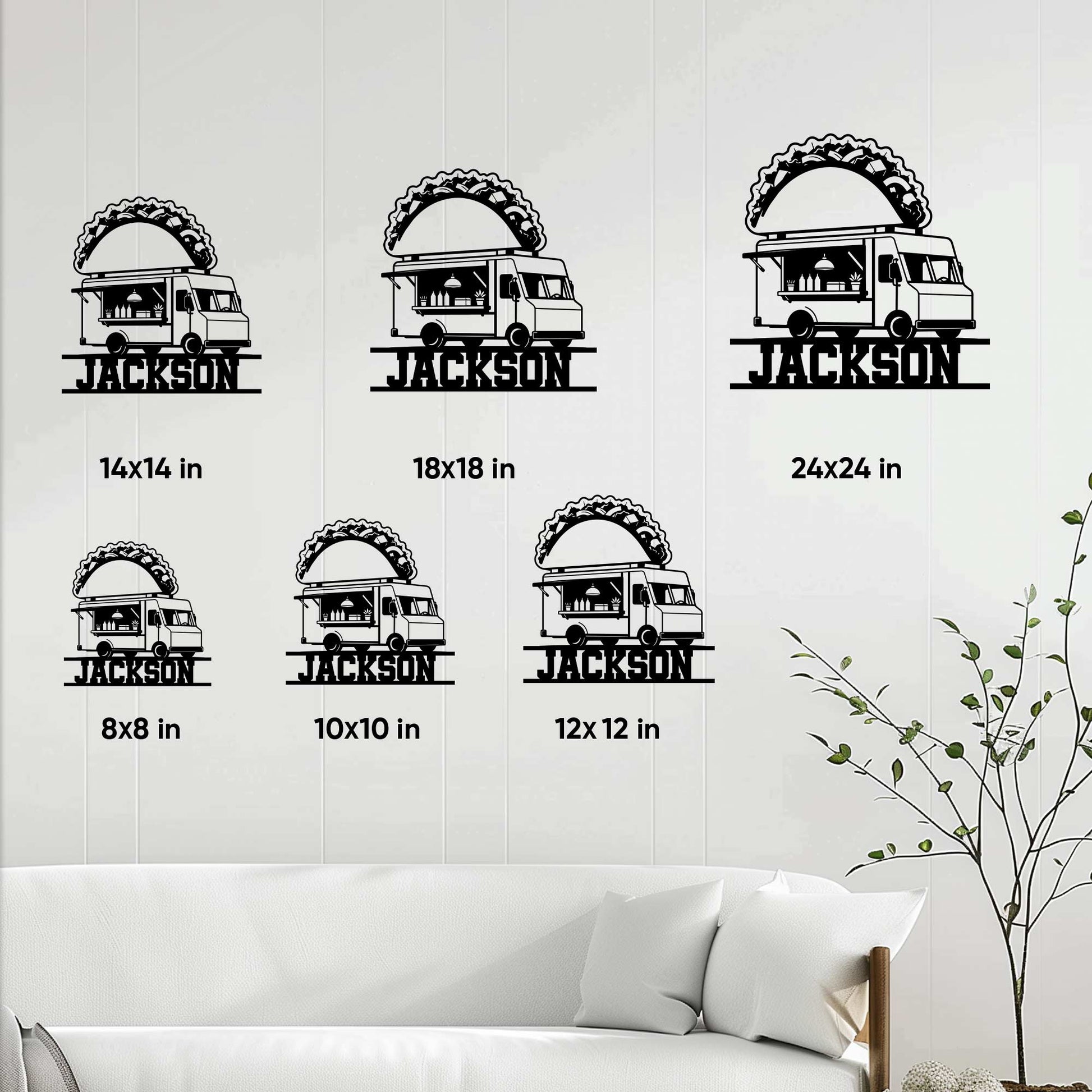 Taco food truck metal sign shown in a living room setting with multiple size options presented in a guide