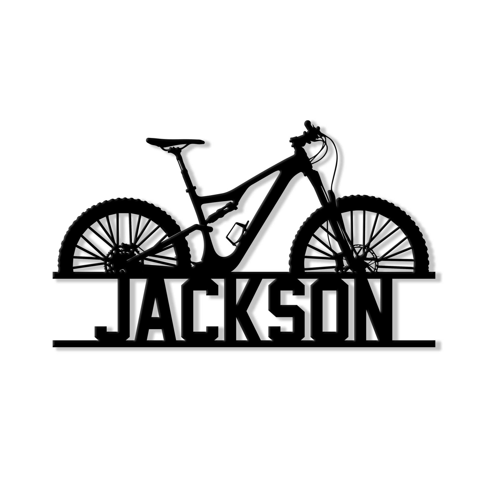 Custom cyclist metal sign featuring a bold mountain bike silhouette in black for garage or cycling room decor