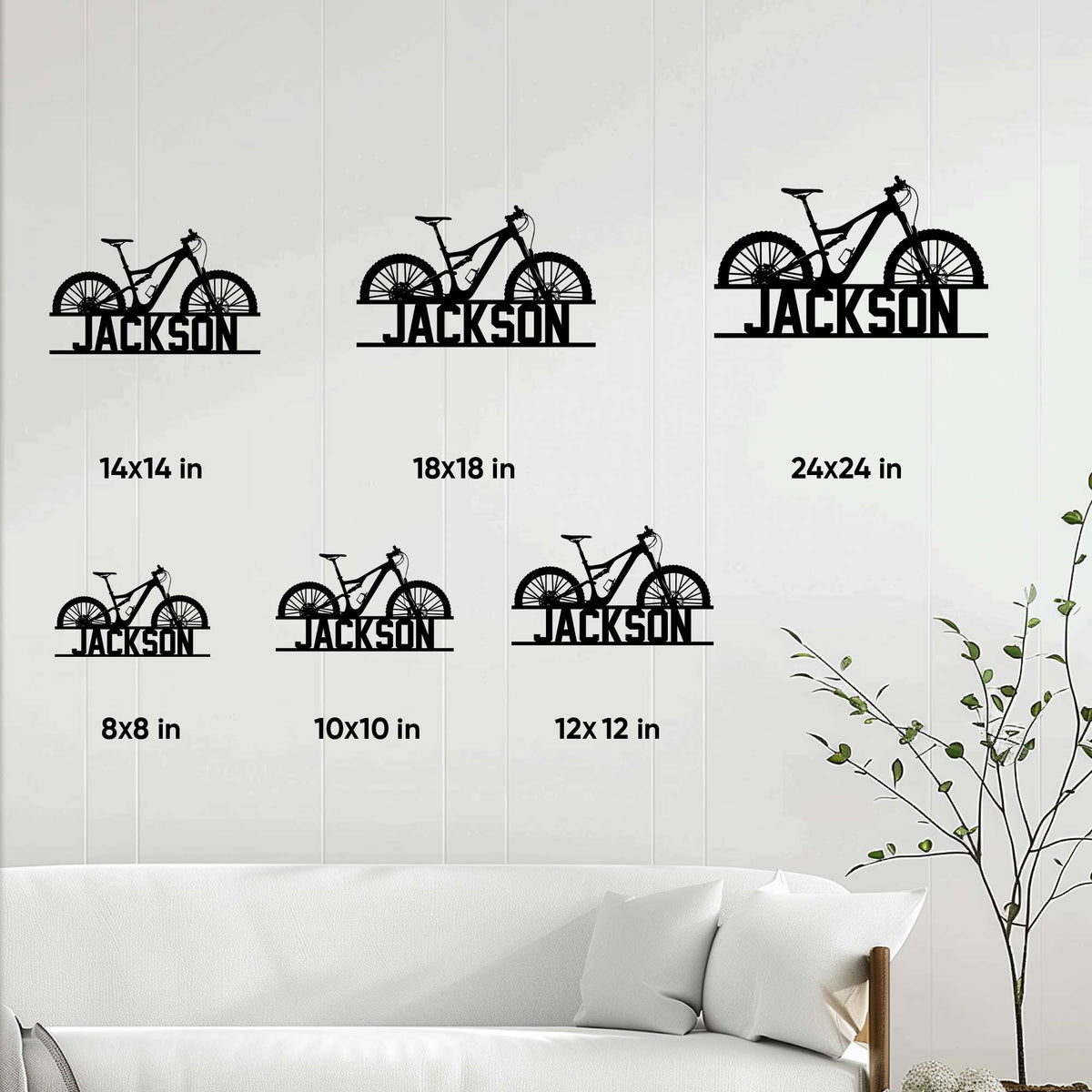 Mountain bike metal sign size guide showing several available square size options in a home decor setting