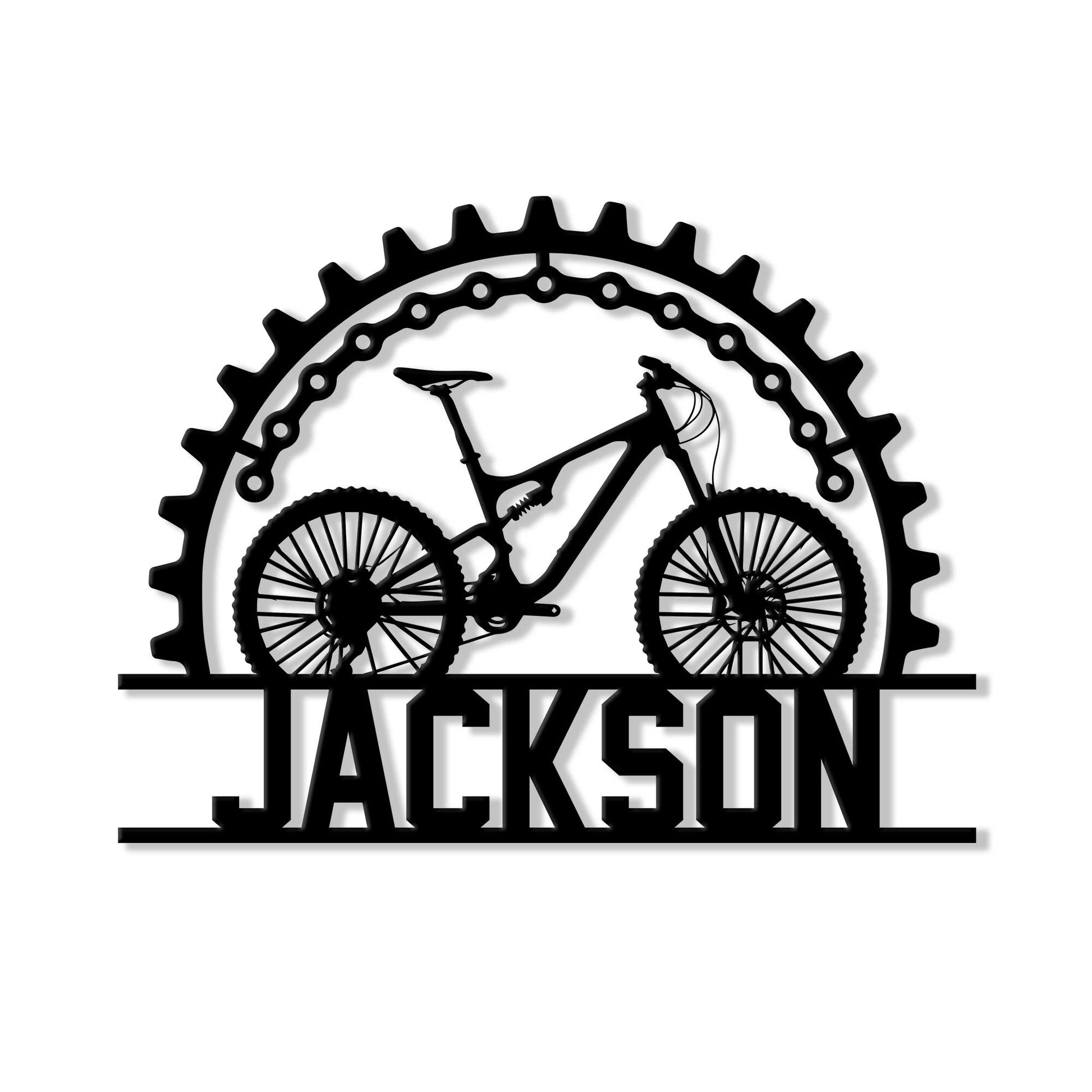 Custom cyclist metal sign featuring a mountain bike silhouette framed by a bicycle chain and gear