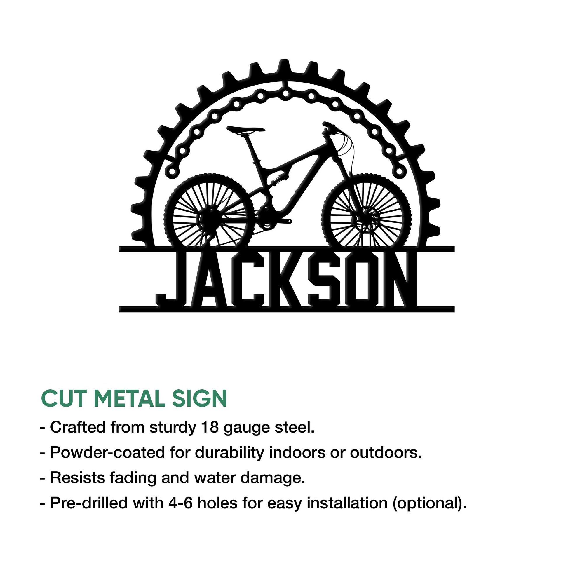 Mountain bike metal sign shown with cut steel construction and indoor or outdoor display details