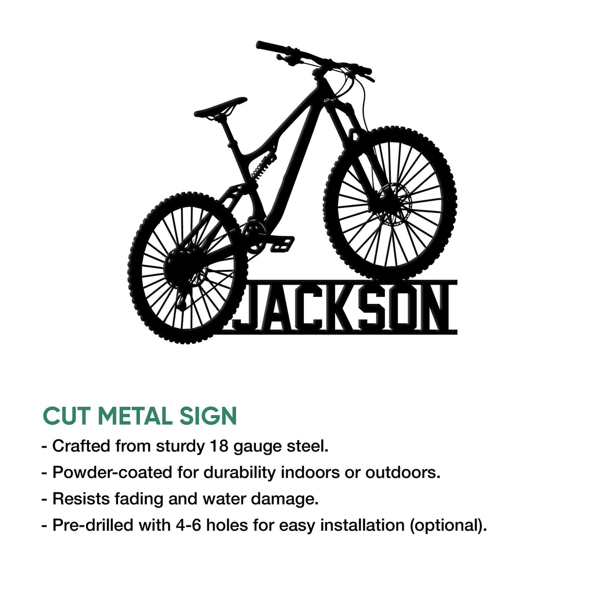 Mountain bike metal sign product graphic highlighting a cut steel design for indoor or outdoor display