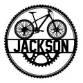 Cyclist metal sign featuring a detailed bicycle silhouette inside a circular bicycle tire and gear design