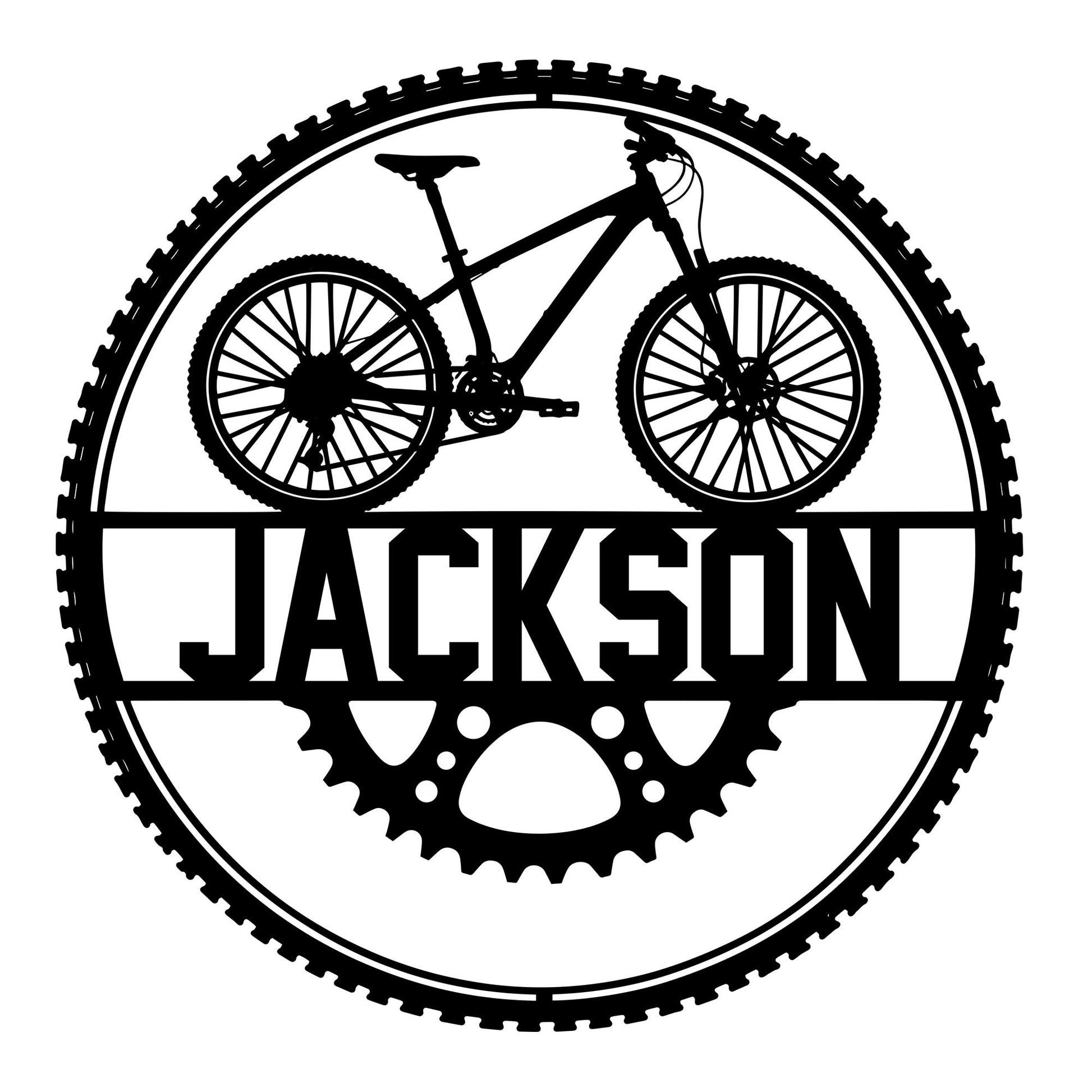 Cyclist metal sign featuring a detailed bicycle silhouette inside a circular bicycle tire and gear design