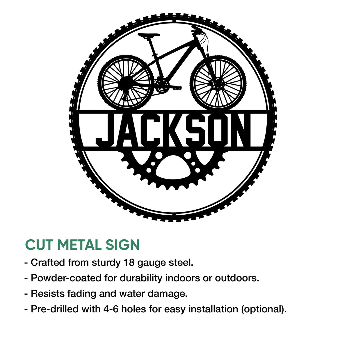 Cyclist metal sign product graphic showing a bicycle and gear design with cut metal sign features