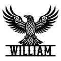 Custom Viking raven metal sign featuring wide wings, Norse knotwork, and a tailored name design