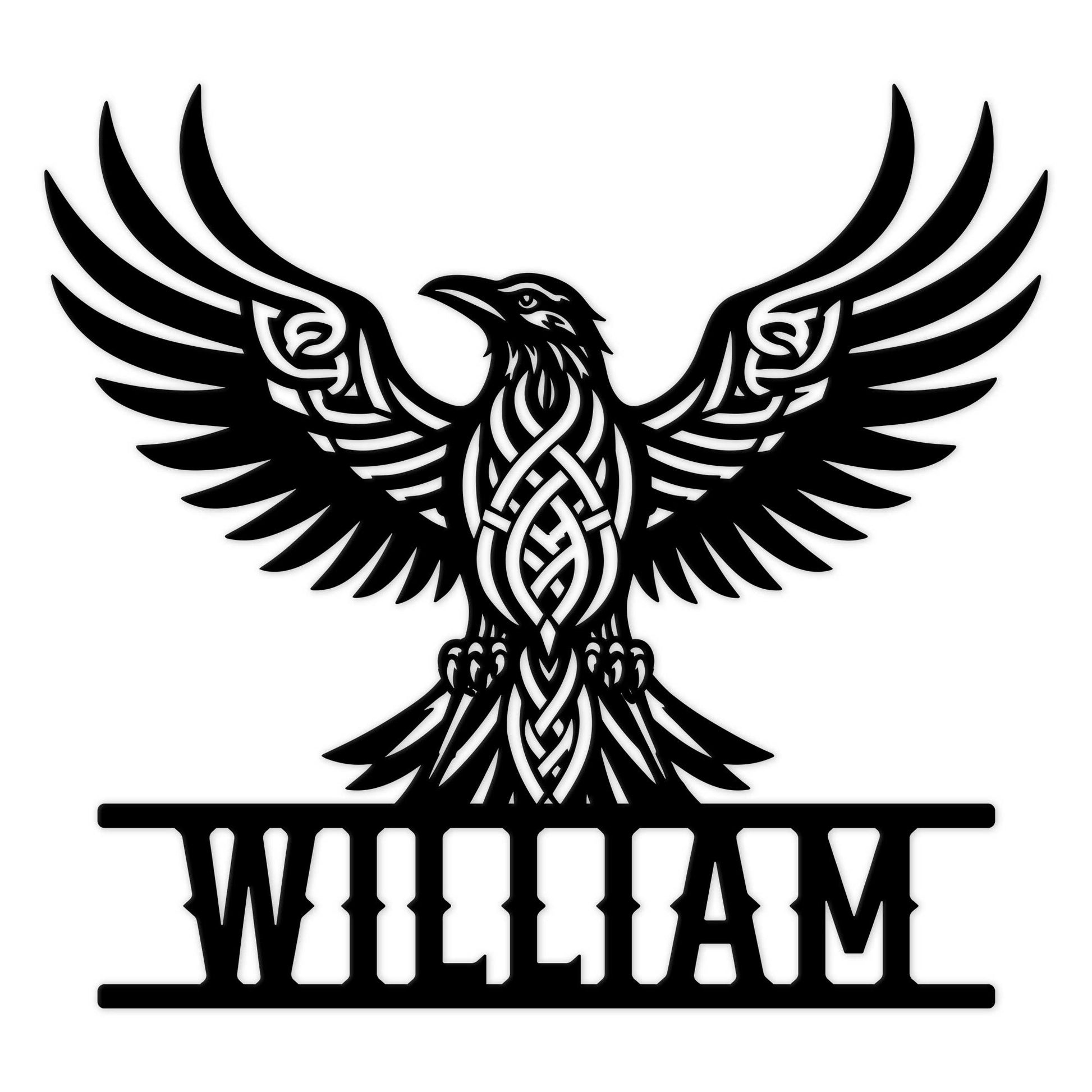 Custom Viking raven metal sign featuring wide wings, Norse knotwork, and a tailored name design
