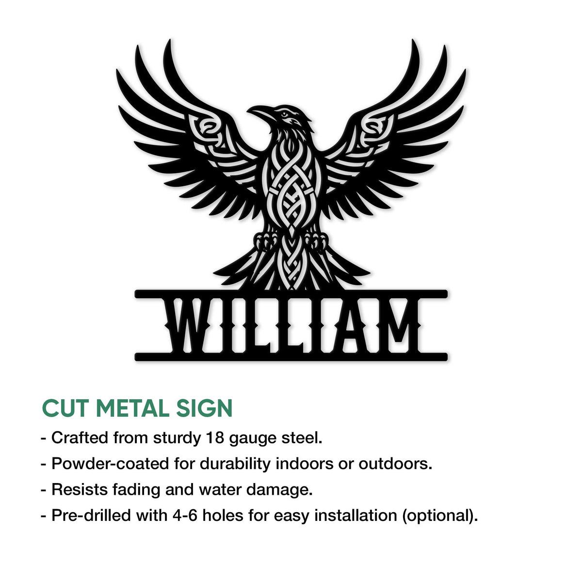 Viking raven metal sign shown with a custom design and cut-metal wall decor details