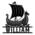 Custom Viking longship metal sign featuring a dragon-headed boat with raised sail and decorative waves