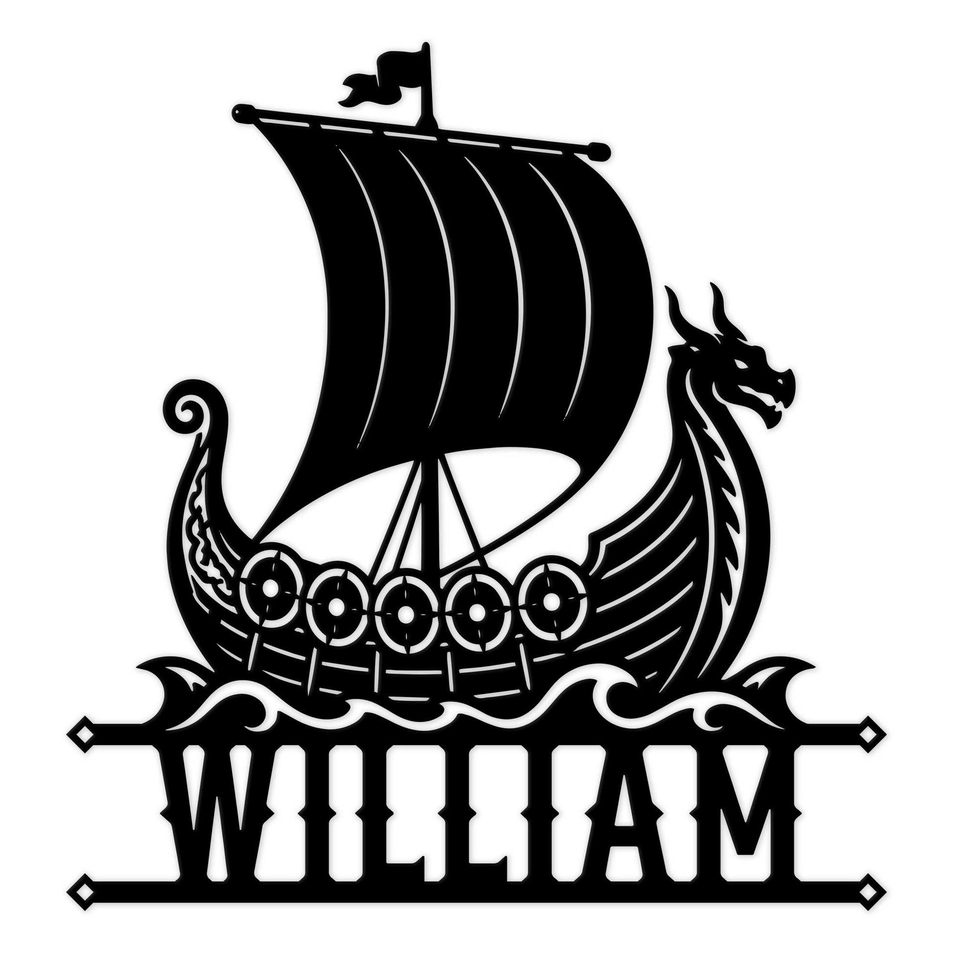 Custom Viking longship metal sign featuring a dragon-headed boat with raised sail and decorative waves